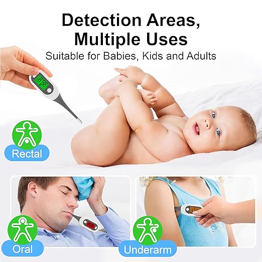 2 Pack Digital Thermometer for Adults Kids Babies,Measures in 16 Seconds with Flexible tip and Fever Alarm, Accurate Oral Rectal Underarm Thermometer with 3 Colors Back Light