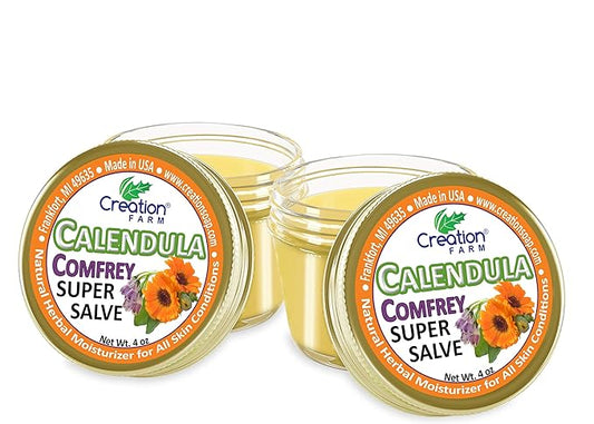 Calendula Comfrey Super Salve 8OZ- (2-4 oz Jars), by Creation Farm Balm Soothes Baby Bottoms, Hand Cream for Dry Cracked skin, Tattoos and Beards Grown and Made in USA from Real Herbs