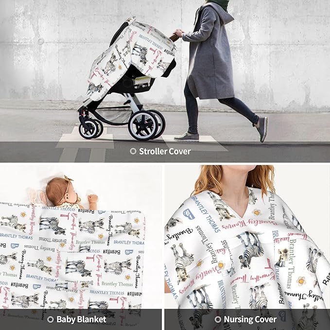 Personalized Baby Car Seat Canopy Minky Zebra Baby Blanket Custom Name Baby Car Seat Cover Girls Boys Infant Newborn Carseat Canopy Nursing Cover for Stroller Car Seat Canopies
