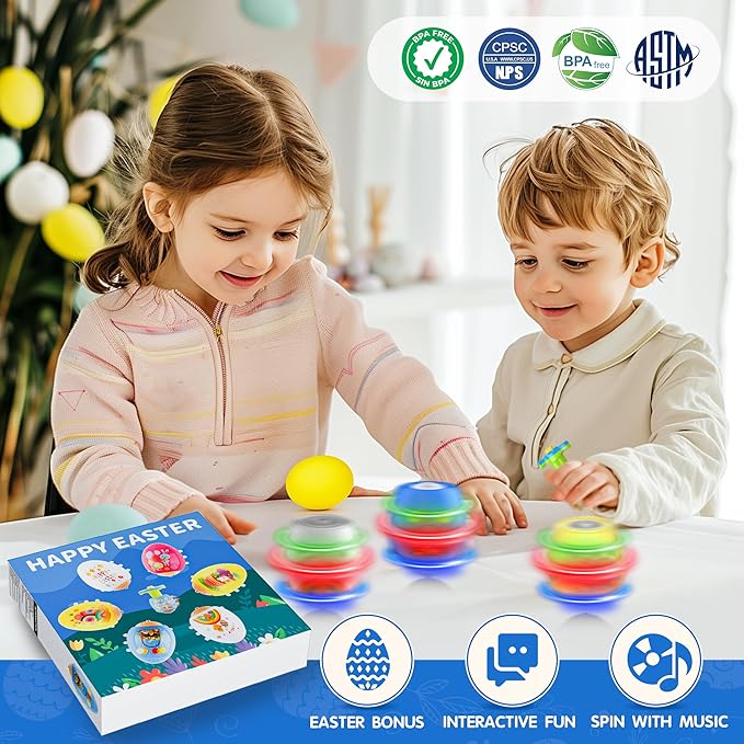 6 Pack Spinning Tops Toys, Lighting & Singing Colorful Eggs, Party Favor Easter Basket Stuffers for Boys & Girls Ages 3-6