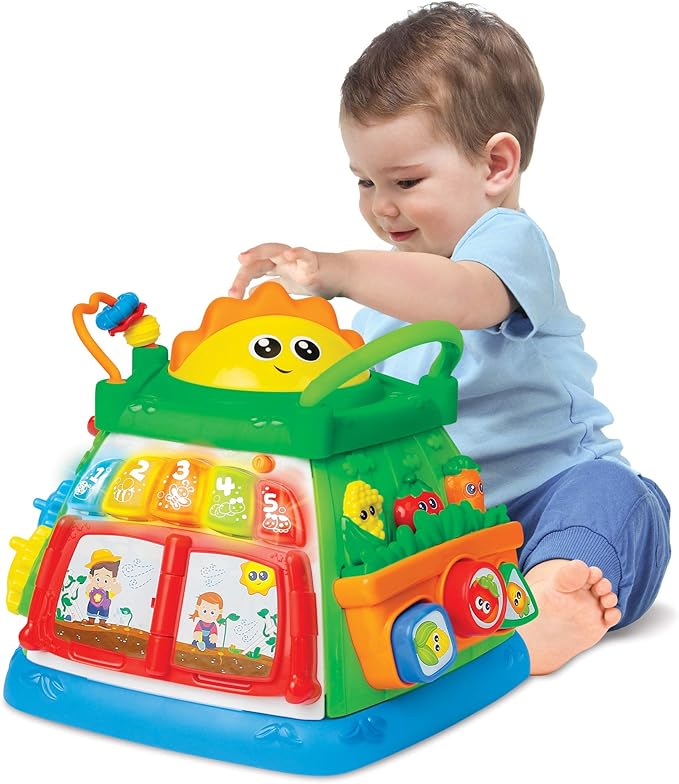 winfun Lil Greenthumb Activity Cube for Babies 6 Months+ | Educational Toy with Lights, Music, Shape Sorter, Spinners, Sliding Animals | CPS Stage 2 Learning Toy | Battery Operated Fun