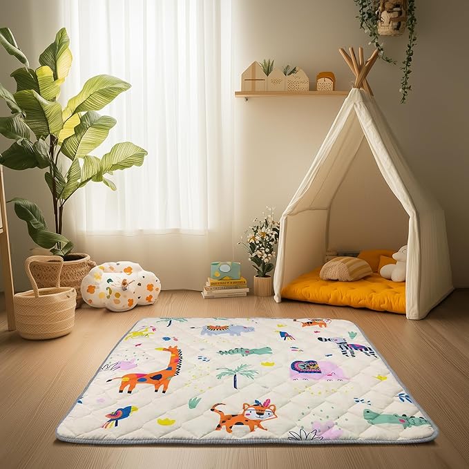 Sinhaklóho 50" x50" Foldable Thicker Foam Baby Play Mat for Playpens & Floors - Soft, Non-Slip & Odor-Free Crawling Mat for Infants & Toddlers, Machine Washable, Safari Adventure Design