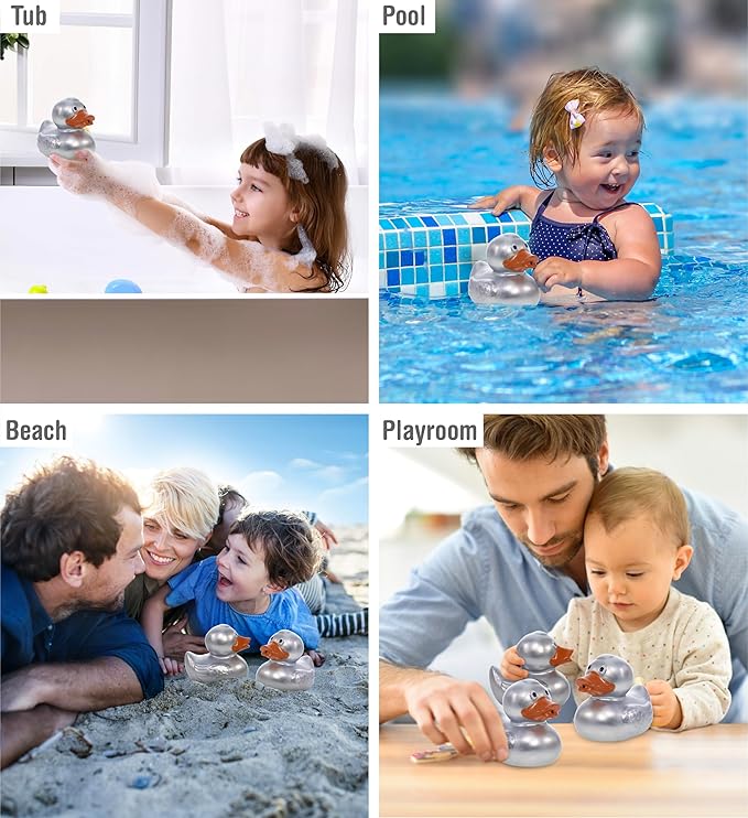 DolliBu Metallic Silver Duck Bath Buddy Squirter - Floating Silver Duck Rubber Bath Toy, Fun Water Squirting Bath Time Play for Toddlers, Animal Toy for Bathtub, Beach, and Pool for Girls and Boys