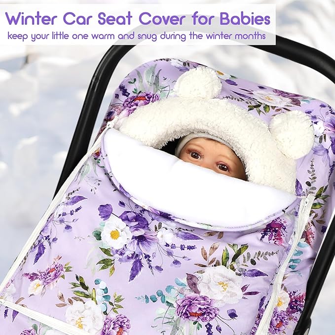 Winter Car Seat Cover Baby Girl Boy, Warm & Windproof Infant Carseat Cover Canopy Protect Baby from Cold Weather, Plush Fleece, Purple Floral