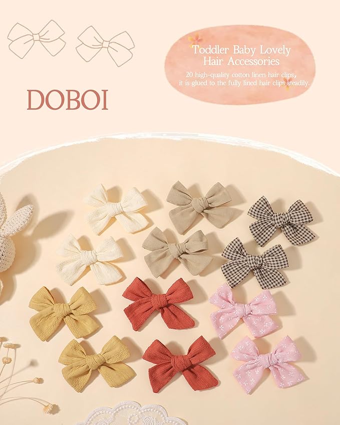 doboi 20PCS Baby Girls Linen Hair Bows Clips Fully Lined Hair Barrettes Accessories for Babies Infant Toddlers Kids in Pairs