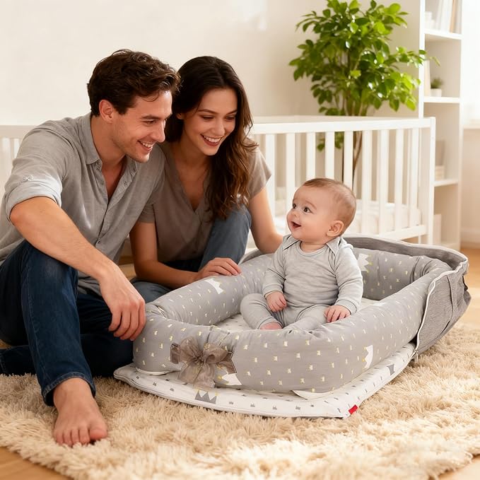 Baby Lounger for Newborn-Portable Baby Lounger 0-24 Months for Home and Travel,Newborn Loungers with Strap, Baby Nest Lounger Adjustable Size,Crown Grey