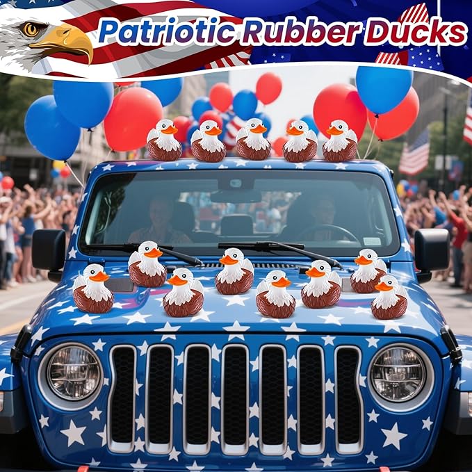 12 PCS Bald Eagle Rubber Ducks, Patriotic Bald Eagle Ducks for Jeeps, Ducks for Cruising Ships Hiding Carnival Ducking Bath Toys, Animal Ducks Collection, Baby Shower Easter Basket Stuffers for Kids