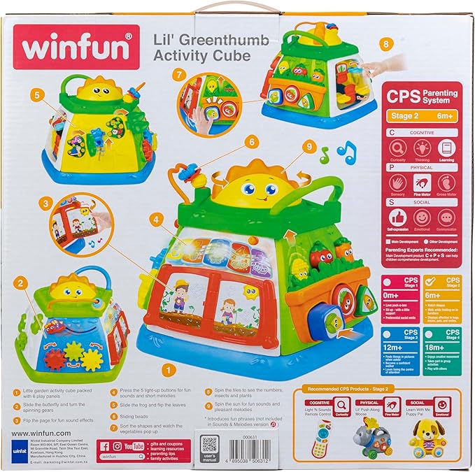 winfun Lil Greenthumb Activity Cube for Babies 6 Months+ | Educational Toy with Lights, Music, Shape Sorter, Spinners, Sliding Animals | CPS Stage 2 Learning Toy | Battery Operated Fun