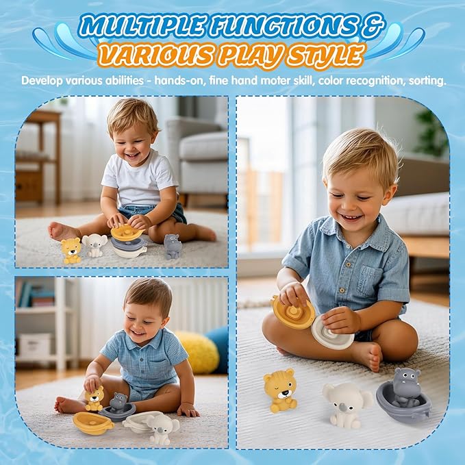 Bath Pool Toys for Toddler, Stacking Toy with 3 Boat 3 Sensory Finger Puppets, Toddler Toys Gifts for 2-4 Year Old Boy Girl, Model B