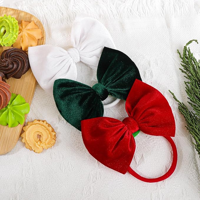 YanJie Hairband - Handmade Stretchy Nylon Hairbands with 3 Green-velvet Bows, Ideal for Baby Infants Toddlers Child, Unisex-B, 1 Count (Pack of 3)