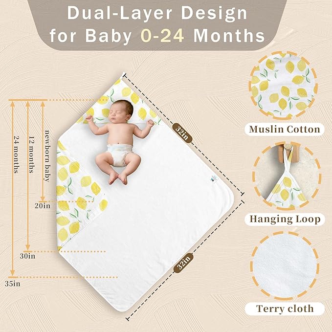 VOOVA & MOVAS Super Soft Infant Large Bath Essentials, Thick Unisex Baby Towels 100% Muslin Cotton, 32 x 32 Inches,Durability,Suitable for Newborn 0-18 Months Yellow Lemon Print Gift Set