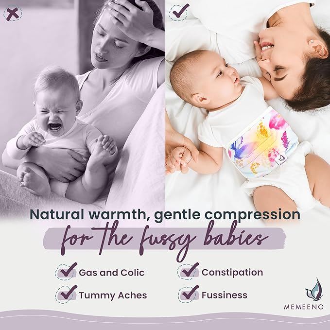 MEMEENO Belly Band for Baby Gas and Colic Relief - Heating Pad for Colic, Heated Tummy Wrap for Newborn infants, Aquarelle
