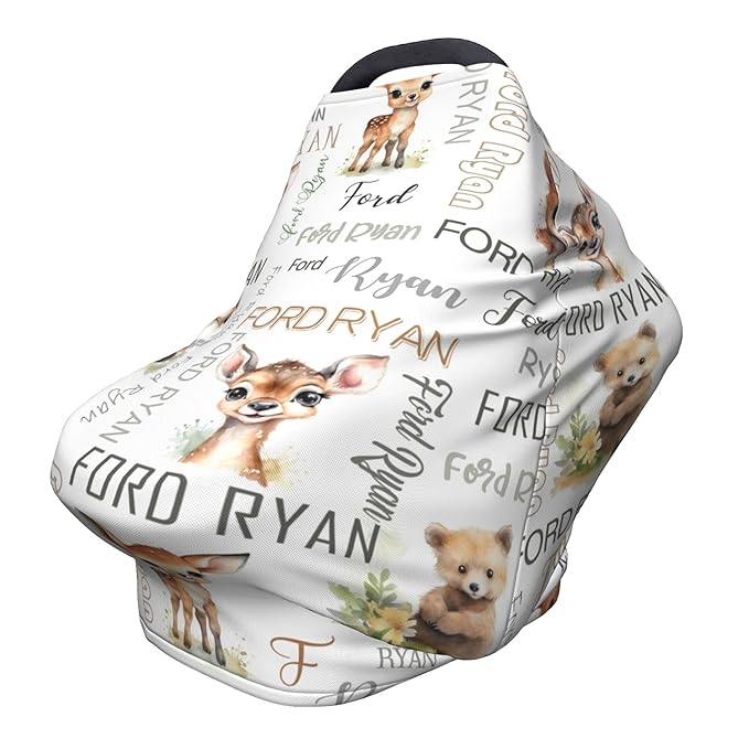 Personalized Baby Car Seat Covers for Babies, Custom Woodland Nursing Breastfeeding Carseat Canopy with Name, Infant Stroller Covers for Newborn Girls Boys, Breathable Carseat Cover