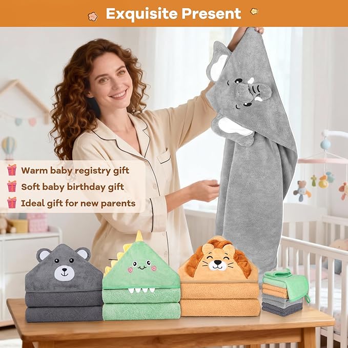 CandyHome 12 PCS Baby Bath Towels Set for Infants Toddlers, 4 PCS Animal Hooded Baby Towels & 8 PCS Washcloths Set, Ultra Absorbent Cute Soft Newborn Bath Essentials Gifts for Boys & Girls