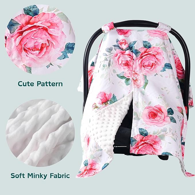Baby Car Seat Cover,Carseat Covers Baby Girl, Multi-Use Minky Infant Canopy for Babies,Minky Infant Car Seat Cover Winter,Ultra-Soft Nursing & Stroller Cover,Pink Rose