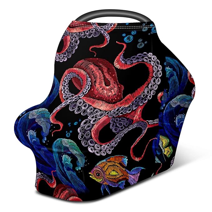 Baby Car Seat Stroller Covers Ocean Octopus Waves Fish Nursing Cover Breastfeeding Scarf Soft Breathable Stretchy Infant Car Canopy Coverage Carseat Cover for Boys and Girls Multi Use