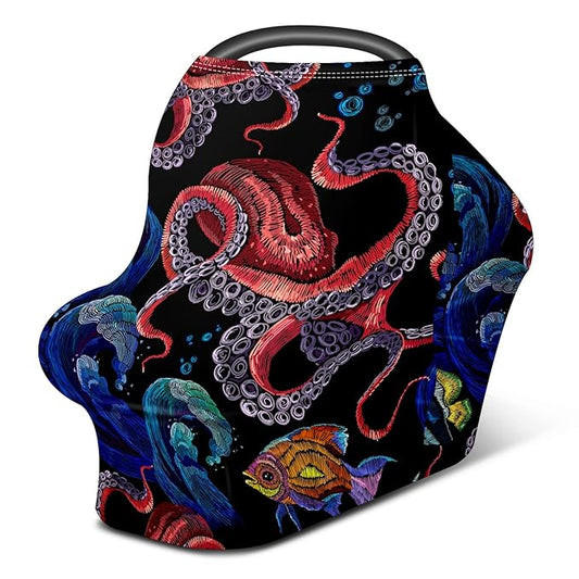 Baby Car Seat Stroller Covers Ocean Octopus Waves Fish Nursing Cover Breastfeeding Scarf Soft Breathable Stretchy Infant Car Canopy Coverage Carseat Cover for Boys and Girls Multi Use