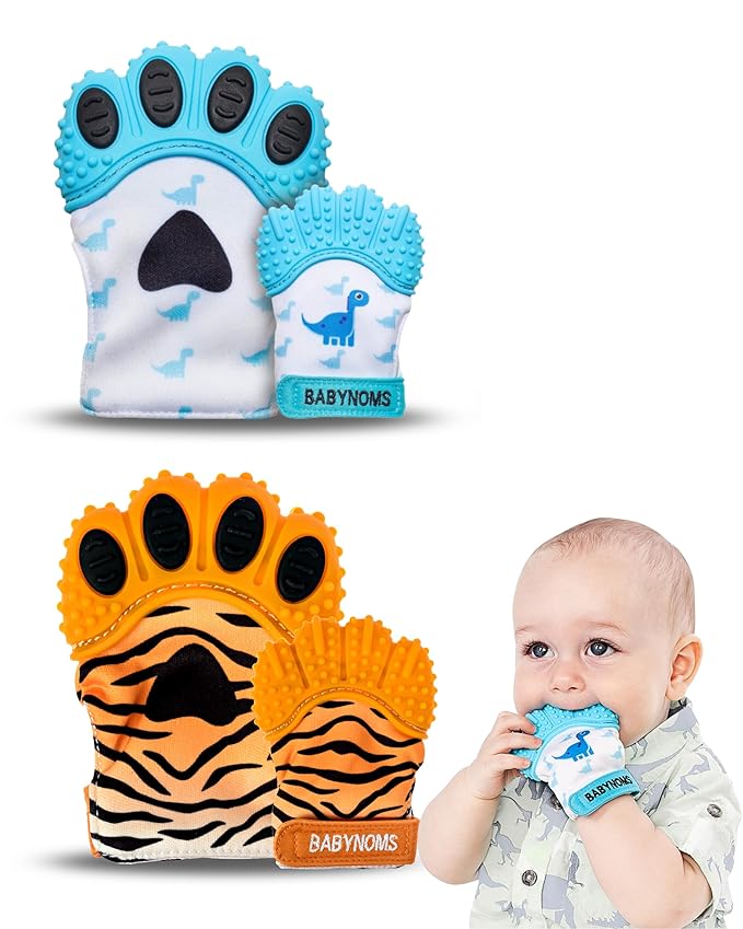 ® Teething Mitten 2-Pack Bundle | Dino Blue & Tiger Orange Teether Paws