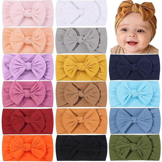 ALinmo 16PCS Baby Nylon Headbands Hairbands Hair Bow Elastics for Baby Girls Newborn Infant Toddlers Kids Colorful
