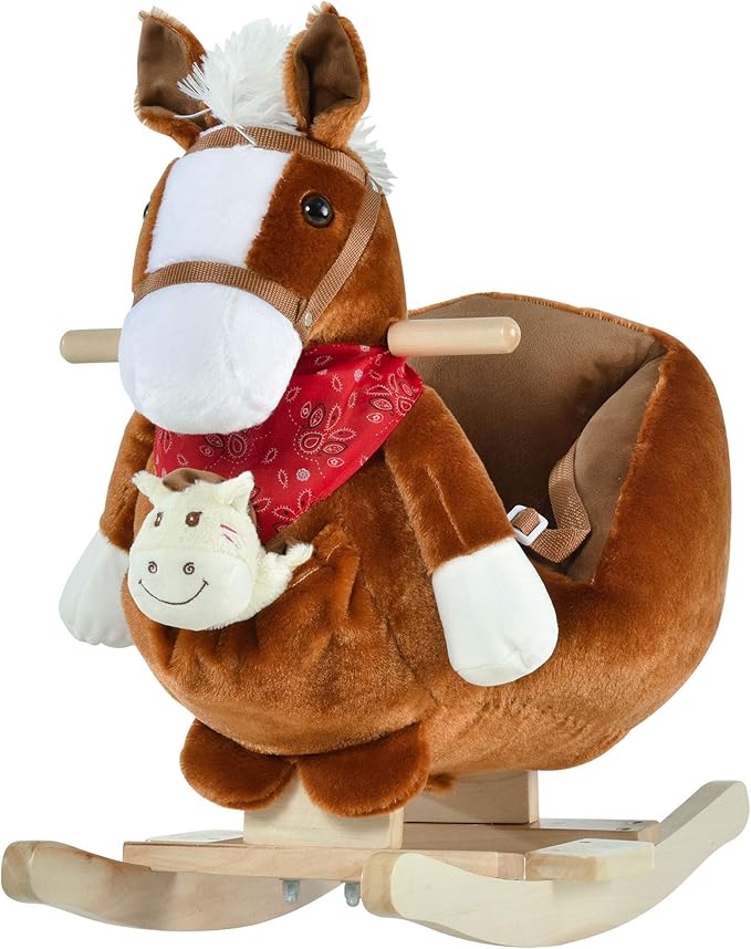 Qaba Kids Ride-On Rocking Horse Toy, Rocker with Lullaby Song, Hand Puppets & Soft Plush Fabric for Children 18-36 Months, Brown