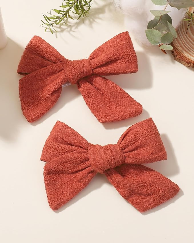 Jollybows 2pcs 3.2" Hair Bows Clips for Baby Girl Christmas Toddler Pigtail Bows Neutral Linen Hair Clip -Brick Red