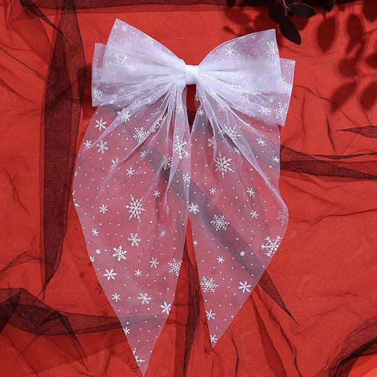 Christmas Hair Clips for Women Girls, White Snowflake Bow Hairpin Lace Bow Barrettes Xmas Alligator Clips for Holiday Parties & Weddings – Festival Hair Accessories (1 Pack)