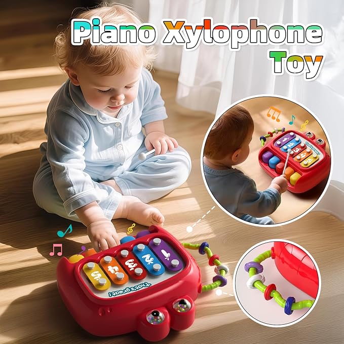 newcrave 4 in 1 Baby Toys for 6-12-18 Months, Infant Sensory & Stacking for 1+ Year Old, Busy Cube Toys for Babies 6-12 Months, Piano Xylophone Musical Travel Toys, Christmas Birthday Gifts for 1-2