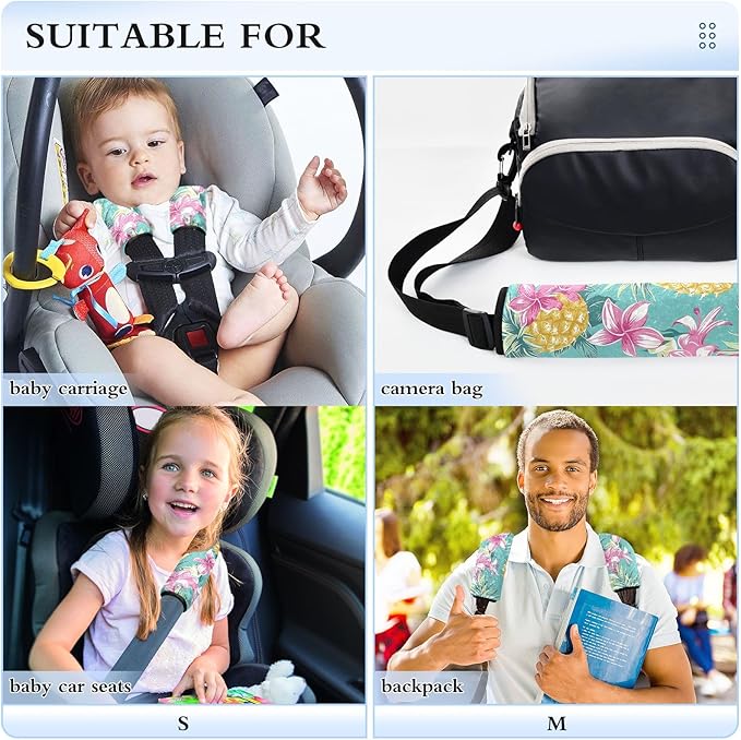 CHIFIGNO Tropical Flowers and Pineapples Car Seat Belt Covers 2Pcs Cute Car Seatbelt Covers Shoulder Strap Covers for Adults Kids