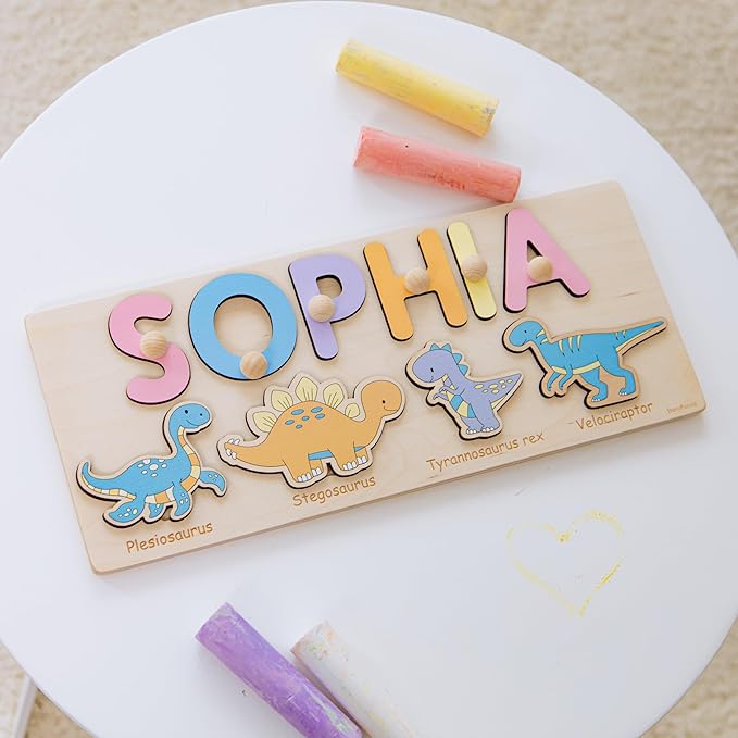 Name Puzzle with Dinosaurs Name Puzzle for 1 Year Old Busy Board Montessori Toys Baby Shower Baby Toy Personalized Gifts for Baby Handmade Puzzles
