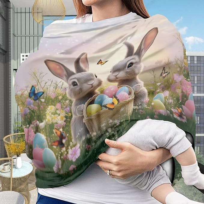 Wanyint Easter Rabbit Eggs Garden Stretchy Nursing Scarf Car Seat Canopy Baby Car Seat Cover, Baby Breastfeeding Stroller High Chair Shopping Cart Cover for Boys Girls