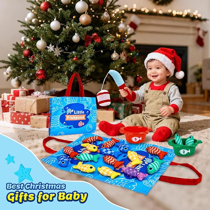 Montessori Toys for 1 Year Old Boy Girl Birthday Gift- Cloth Fishing Game for Toddler1-3 with Stacking Cups Number Color Counting, Learning Educational Toys Baby Toys 12-18 Months