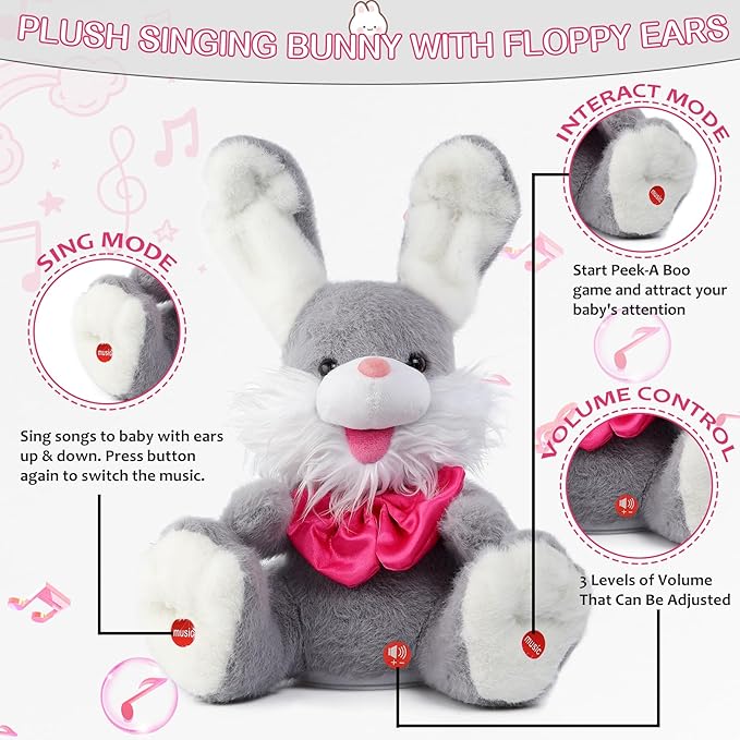 MIAODAM Peek-A Boo Bunny Toys for Toddlers, Bunny Stuffed Animal, Children Song & Lullabies Talking Toys, Cute Easter Bunny Toy with Floppy Ears, Interactive Gifts for Baby & Toddler