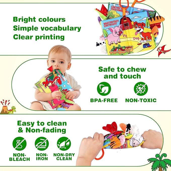 Helsort Soft Baby Books for 0-18 Months, 2PCS Crinkle Cloth Book - Dinosaur and Farm Themes, Tummy Time Toys for Infants 0-6-12-18 Months, Sensory Books for Babies, Ideal Christmas