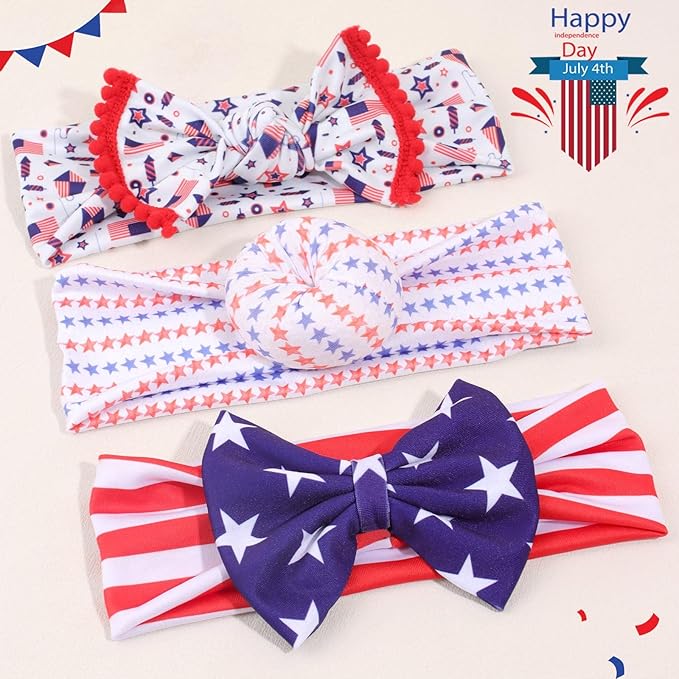 VOBOBE 4th of July America Flag Baby Headbands Cheer Bow, Baby Girls Red White Blue Star Spangled Patriotic Hair Bow for Newborns Toddlers Small Children,3 Pcs (Style B)