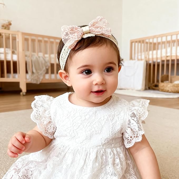 Baby Girls Bow Lace Headband Cute Soft Hairband White Butterfly Knot Headbands for Newborn Infants Toddlers Kids Christening Baptism Birthday Party Hair Accessories（Fan flower bow）