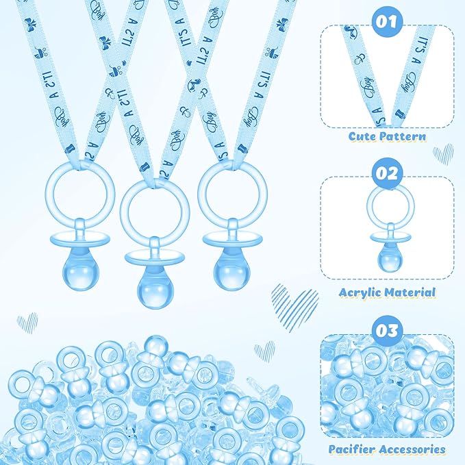 74 Pieces Baby Shower Pacifiers 24 Necklace Acrylic Plastic Pacifiers Baby Shower Game 50 Mini Plastic Charm Bulk for Party Decorations Games Table Scatter(Blue)