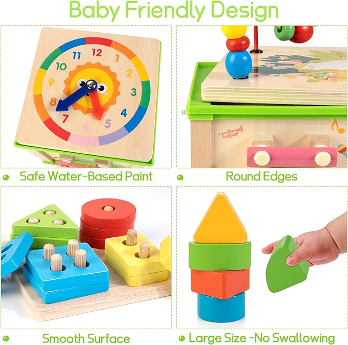 WOODMAM Wooden 7-in-1 Activity Cube| Montessori Toys for 1 2 3 Year Old Toddlers| Baby Educational Developmental Toys |One Year Old Boys Girls First Birthday Gifts |Bonus Sorting & Stacking Board