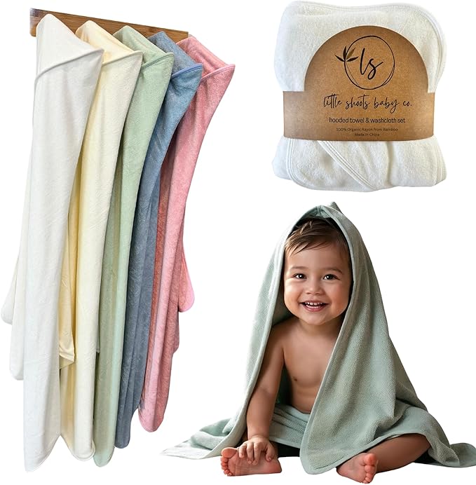 Hooded Baby Toddler Towel and Washcloth Set Made with Viscose from Bamboo, Large Size of 35" x 35", Soft and Absorbent, Baby Essential in Sage