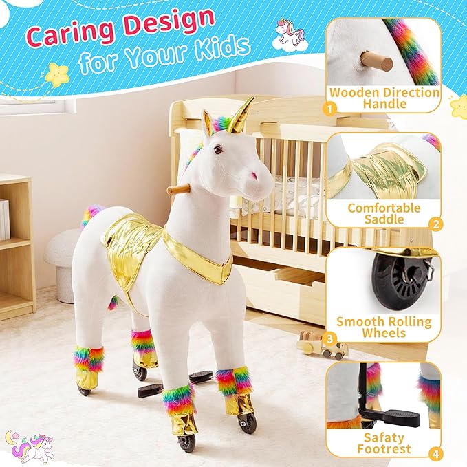 Pipleo Ride on Unicorn on Toys, Unicorn Ride on for Girls 6 to Adult, Ride on Unicorn Toys, Unicorn Rider Mechanical Walking Action Plush Animal,No Battery or Electricity,Max Load 187 LBS - Rainbow