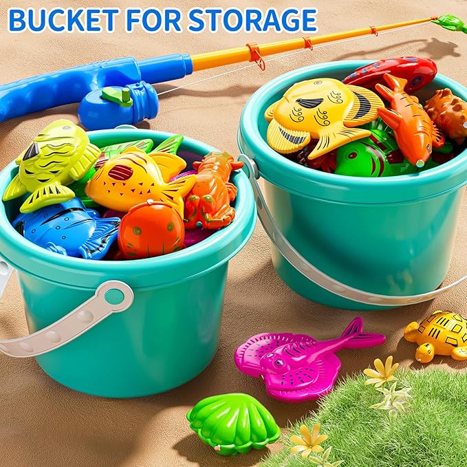 JUKUDAHU Magnet Fishing Toys Game for Kids 3-5 - Floating Fish Toys with Inflatable Kiddie Pool, Bath for Toddlers, Pole Rod Net, Outdoor Party for Boys Girls Kids Age 3 4 5 6 7 8 Year Old