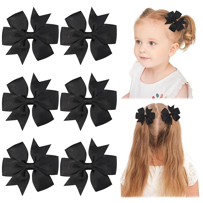 Choicbaby 3 Inches Hair Bows for Girls Black Grosgrain Ribbon Pinwheel Hair Bows Clips Toddler Hair Clips for Birthday Baby Shower Gifts 6 Pack Photo Props