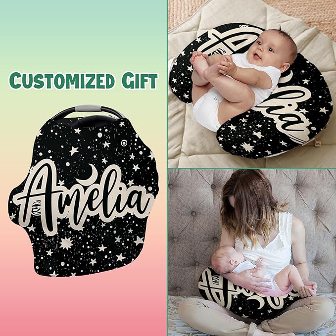 Custom Name Car Seat Canopy - Baby Car Seat Covers, Infant Stroller Cover, Black Pattern Carseat Canopy Christmas Birthday Gifts for Girls and Boys