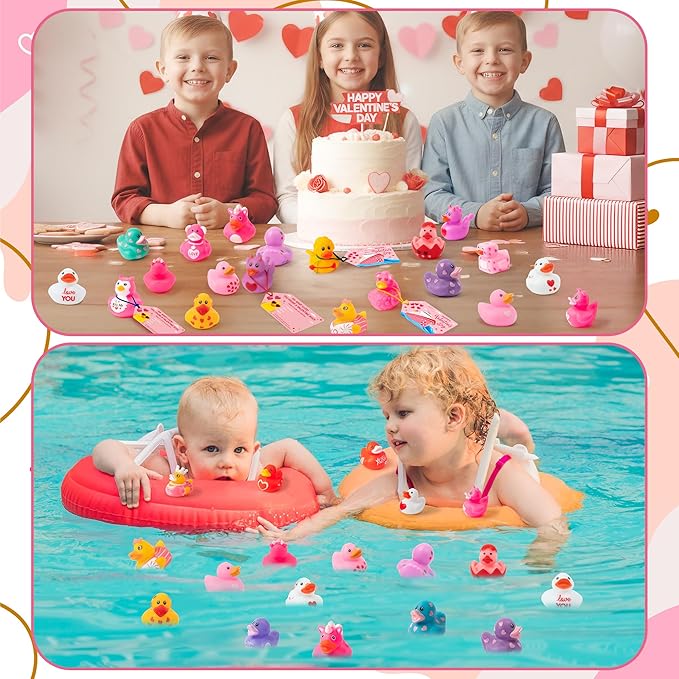 H1vojoxo Valentine’s Day Rubber Ducks - 30 Set Valentine's Day Rubber Ducks for Cruise Valentines Party Favor Duckies Cruise Duck Tags Kits for Pool Bath Toy Goodie Bag Fillers Classroom Exchange Gift
