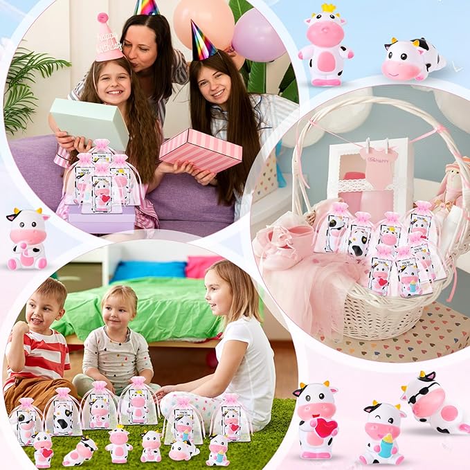 Jenaai 24 Sets Cute Rubber Cow Gifts Set Include Squeak Floating Cows Moo Moo Cards Organza Bags Rubber Animal Figures Bathtub Toy for Employee Baby Shower Bulk