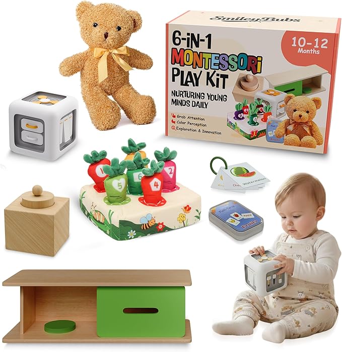 Montessori Baby Toys 10-12 Months, Montessori Toys for 1 Year Old, Baby Sensory Toys for 10-12 Month Infants - A Sliding Box, Puzzle, Switchboard, Pulling Carrots, Doll, Fruit Flash Cards