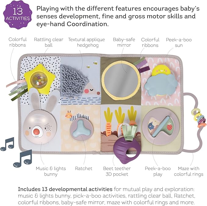 Taf Toys Newborns & Toddlers Busy Board with Music & Lights 13 Montessori Activities Baby Safe Mirror, 3D Activities, Textures & a Baby Teether Develops Motor Skills, Senses & Eye Hand Coordination