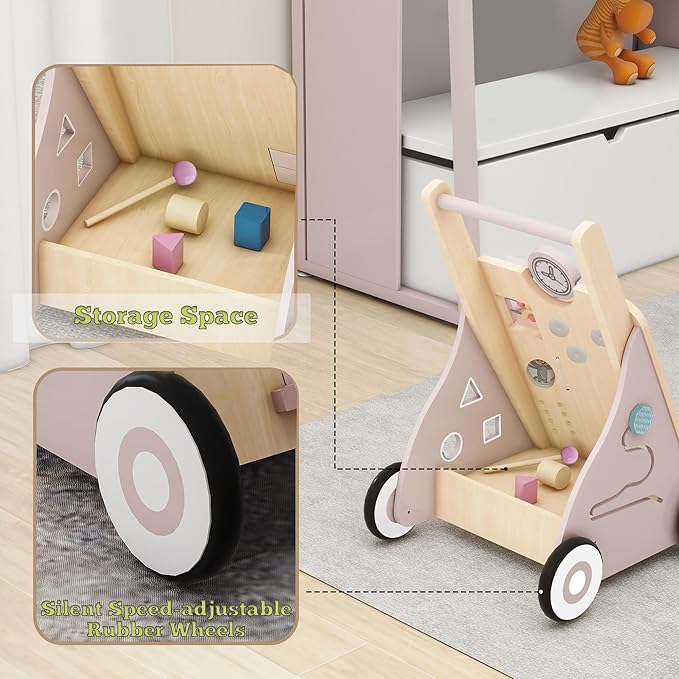 Wooden Baby Walker, Baby Push Walker with Wheels Multiple Learning Activity Center Baby Walker Adjustable Height and Speed for Girls Ages 9+ Months, Pink