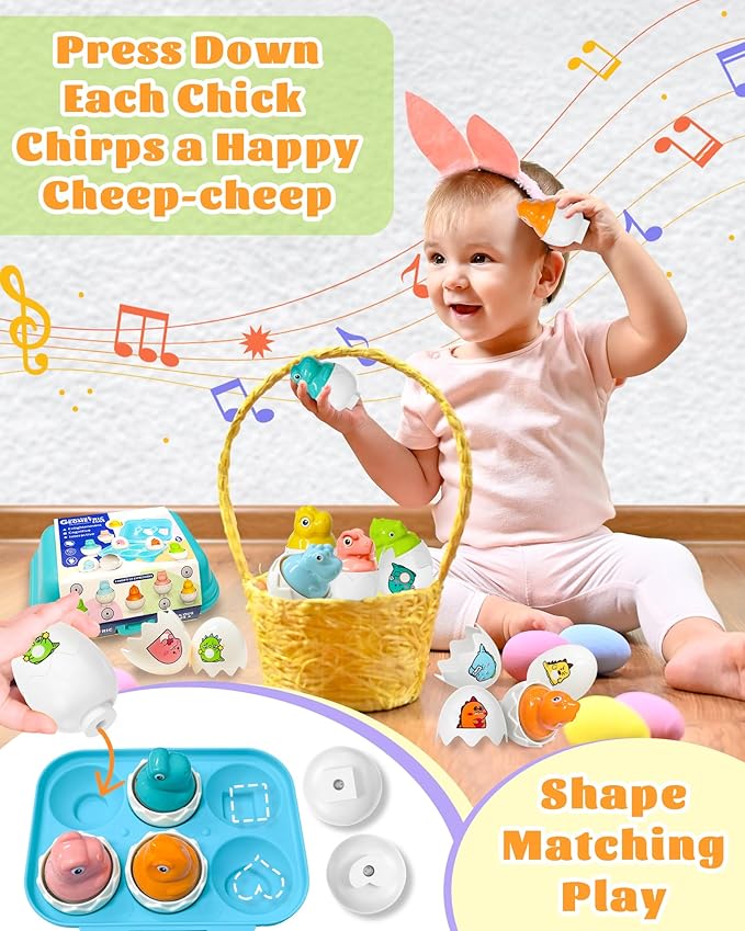 Zartores Easter Basket Stuffers for Toddlers 1-3, Easter Egg Toys for Toddlers 1-3, Matching Sensory Eggs Toys, Easter Birthday Gifts Prefilled Eggs with Toys for 3 Year Old Girls Boys
