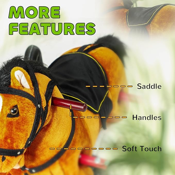 Qaba Spring Rocking Horse, Kids Ride on Horse, Plush Horse Ride-on with Sounds & Foot Stirrups, Saddle for Kids 3-8 Years, Brown