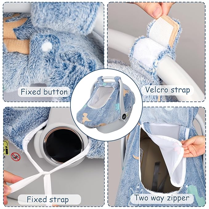 Car Seat Cover Baby Boys Girls, Soft Flannel Infant Carseat Cover with 2 Zipper Windows, Dinosaur Carrier Cover Canopy Glow in The Dark, Comfortable & Machine Washable, Blue